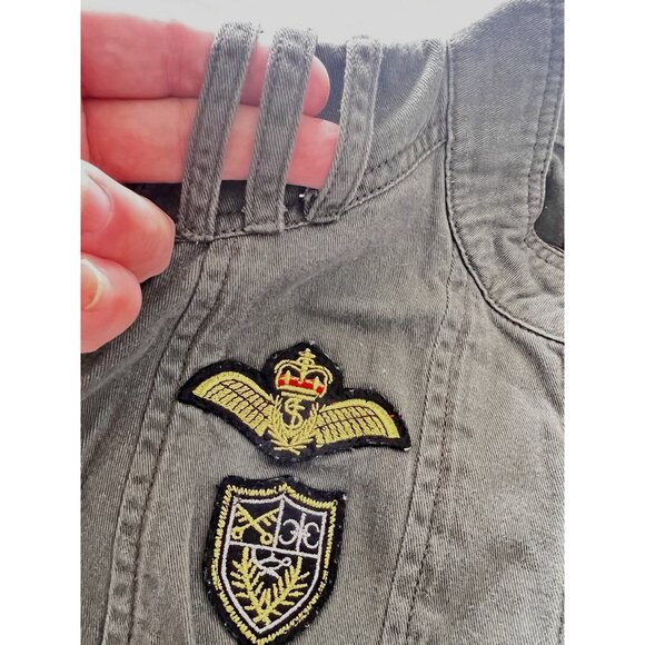 Military Jacket Sz Large Crop Army Green Utility 100% Cotton Zip Pockets Patches - Picture 6 of 15